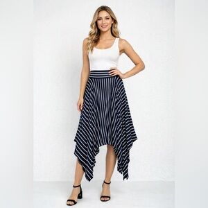 Cabi Navy Blue White Stripe Midi Jersey Asymmetrical Hem Skirt Women's Sz L